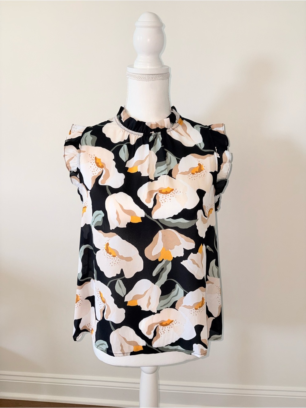Ann Taylor Black Floral Ruffle Sleeve Blouse